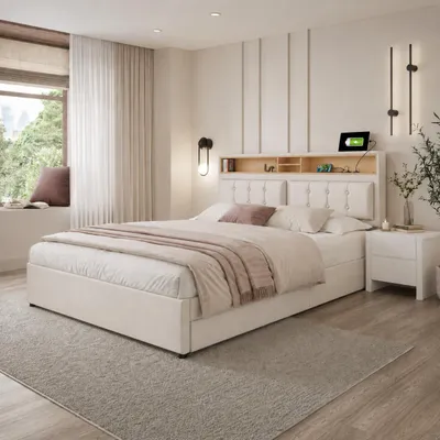 Image de OKWISH Lit avec Rangement 160x200 cm avec 4 Tiroirs et Tête de Lit USB - Beige