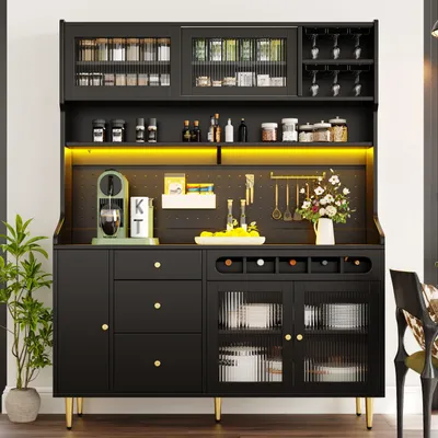 Productafbeelding van Keukenwandkast met LED-verlichting, 145x39x171 cm, zwart, gemaakt van MDF en glas, met glazen schuifdeuren, een wijnrek en verstelbare legplanken
