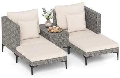 Produktbild von COSTWAY 5-tlg. Polyrattan Gartenmöbel Set, Balkonmöbel inkl. 2 Stühle mit Kissen, Hocker & Tisch, Terrassenmöbel Balkonset Gartengarnitur Sitzgruppe