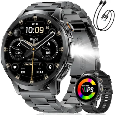Herren Smartwatch mit Anrufen, 1,85" HD Display, 1000mAh Akku & LED-Taschenlampe, 100+ Sportmodi, IP68 Wasserdicht, Herzfrequenz & Schlafmonitor