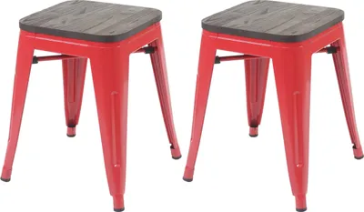 Image de lot de 2 tabourets HWC-A73 avec assise en bois, tabouret métallique, métal design industriel empilable ~ rouge