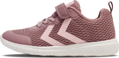 A side view of a pink and lilac child's sneaker.