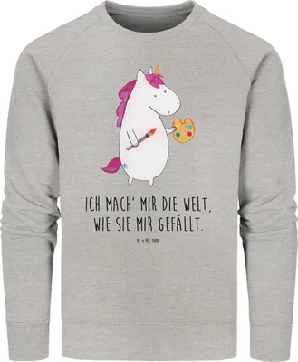 Produktbild von Mr. & Mrs. Panda Baumwoll Pullover Einhorn Künstler Größe S - Heather Grey - Geschenk, Sweater, Pulli, Unicorn, Malen, Bio, Welt, Zeichnen, Einhörner, Nachhaltiger