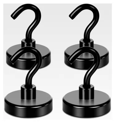 Produktbild von Magnethaken, 48 kg Extra starke magnetische Haken für Camping, Werkstatt, Spind, Kleiderhaken mit Neodym-Magnet für Outdoor- und Kreuzfahrtzubehör, Schwarz, 4er-Pack