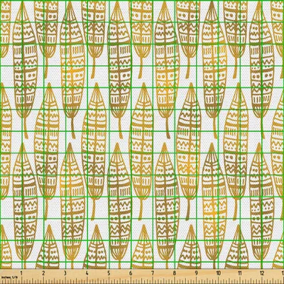Image de ABAKUHAUS Tissu à plumes vendu au mètre, imprimé bohème inspiré des motifs tribaux amérindiens, 1 m (148 x 100 cm), ambre, souci et blanc
