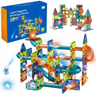 Immagine prodotto di Costruzioni magnetiche 110 pezzi con pista per biglie luminosa LED – mattoncini magnetici, percorso biglie, gioco di costruzione dai 3 anni