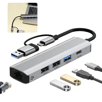Produktbild von USB 3.0 Hub 5-in-2, 2,5G Ethernet Adapter, Type-C auf Gigabit und 10G Netzwerk, schnelles Netzwerkkabel Konverter.