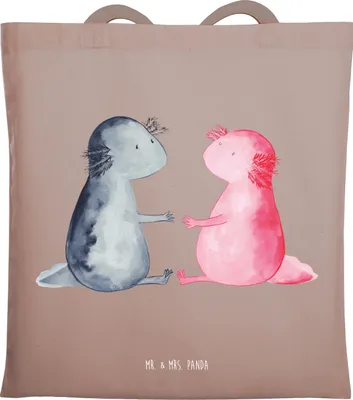 Produktbild von Mr. & Mrs. Panda Tote Bag Axolotl Liebe - Braun Pastell - Geschenk, Valentinstag, Jutetasche, Schultasche, Beutel, Unitasche, Liebesbeweis, Lurch, Shopping Tasche