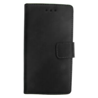 A black book-style phone case is shown closed against a white background.