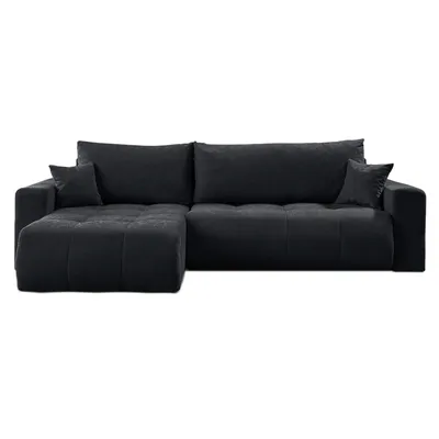 A black sectional sofa is shown from the front against a white background.