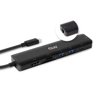 Produktbild von CLUB3D USB type C 7in1 Hub HDMI 4K60Hz SD TF Card slot 2x USB Type A USB Type C PD RJ45, Andocken, USB 3.2 Gen 1 (3.1 Gen 1) Type-C, 100 W, 10,100,1000 Mbit/s, Schwarz, MicroSD (TransFlash), MicroSDHC, MicroSDXC, MiniSD, SD, SDHC