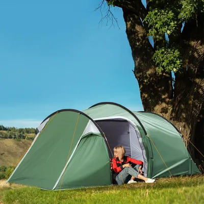 Produktbild von Campingzelt mit Heringen Seitentür und Fenster Tunnelzelt Kuppelzelt für 2-3 Personen Camping Reise Trekking 426x206x154cm Dunkelgrün