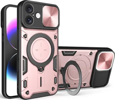 Produktbild von Handyhülle für iPhone 16 Plus Dual-Layer Stoßfest Rüstung Hülle mit Dia Kameraschutz und Kreisförmig Ring Ständer Roségold