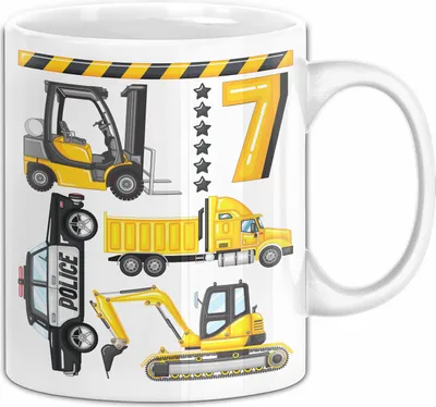 Produktbild von 7. Geburtstag Geschenk Tasse Becher Jungen Jungs Baustelle Polizei Geburtstagsgeschenk 7 (Weiß)