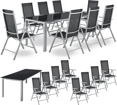 A set of outdoor dining furniture, including a table and chairs, displayed on a white background.