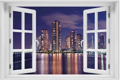 Produktbild von Wallario Wandbild mit Fenster-Illusion: Tokyo- Skyline bei Nacht, Größe: 61 x 91,5 cm, Poster mit weißem Aluminiumrahmen