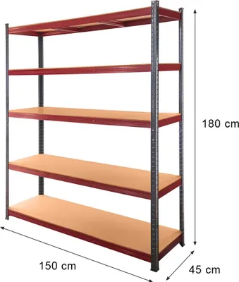 Zdjęcie produktu dla Regał magazynowy metalowy warsztatowy Mega-M Basic Plus 180x150x45 cm 5 półek grafitowy/czerwony 1375kg