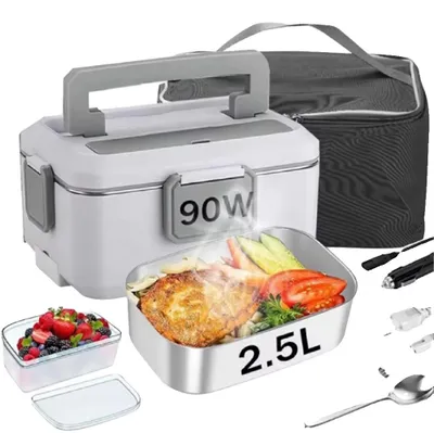 Productafbeelding van Elektrische lunchbox met verwarmingsfunctie, 2,5 liter inhoud, 90 watt vermogen, lekvrij ontwerp, dubbele stroomcompatibiliteit, gemaakt van voedselveilige materialen
