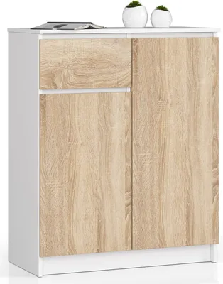Produktbild von Kommode AKORD K80 Weiß 80 cm 2 Türen Schublade 4 Ebenen Front Sonoma-Eiche B80 x H99 x T40 cm