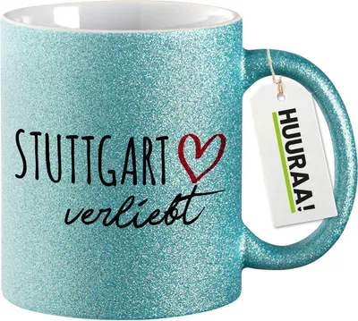Produktbild von Huuraa Glitzertasse Stuttgart verliebt 330ml Blau Keramik Kaffeebecher Geschenkidee