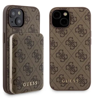 Obrázok produktu pre Guess 4G Metal Logo set puzdra pre iPhone 15 + 5000mAh MagSafe powerbank - hnedá