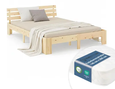 Image de Lit double en bois 140x200 avec matelas à ressorts naturelle pin Cadre de lit en bois massif sommier à lattes