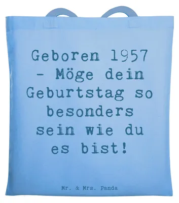 Produktbild von Mr. & Mrs. Panda Tote Bag Spruch 1957 Geburtstag - Sky Blue - Geschenk, Alter, besonderer, Shopping Tasche, herzlicher Wunsch, festival, Jubiläum, Einkaufstasche, Beutel