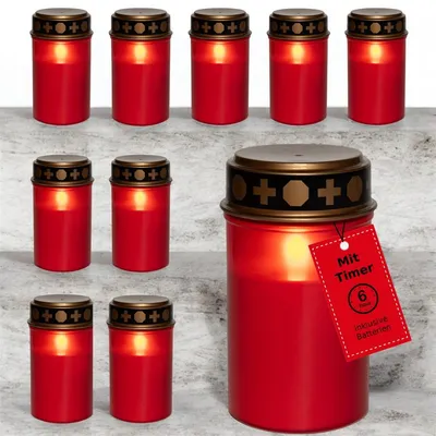 Produktbild von Novaliv LED Grablichter mit Batterie und Timer 6/18 rot 10 Stück LED Kerzen mit Batterien Grabkerzen Friedhofskerze Kerzen flackernde Flamme Gedenkkerze Ewiges Licht Trauerkerze