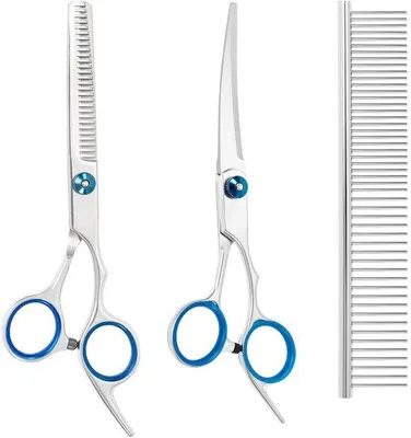 Image de Lot de 3 ciseaux pour poils d'animaux - Flexibles - En métal - Pour chiens, chats et animaux de compagnie - Avec ciseaux - Effileur - Peigne - Bleu - 3 en 1