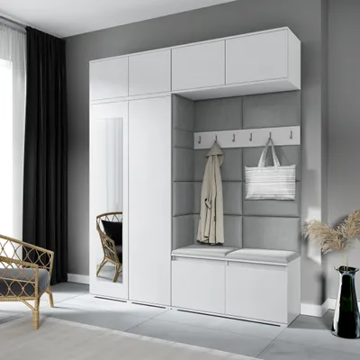 Produktbild von Garderoben-Set NIKOLA Kleiderschrank mit Polsterplatten, Schuhschrank und Schrankaufsatz 90 cm – Ideal für Flur und Eingangsbereich (Weiß, Trinity 14)