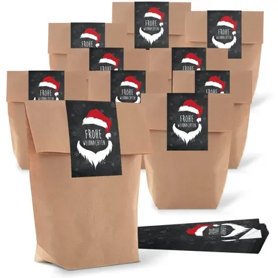 Produktbild von 10 braun natur Weihnachtstüte Verpackung weihnachtlich 16,5 x 26 x 6,6 cm + 10 Aufkleber rot schwarz weiß Weihnachtsaufkleber Frohe Weihnachten 7 x 21 cm Geschenktüte Kunden-Geschenke verpacken25 Stück