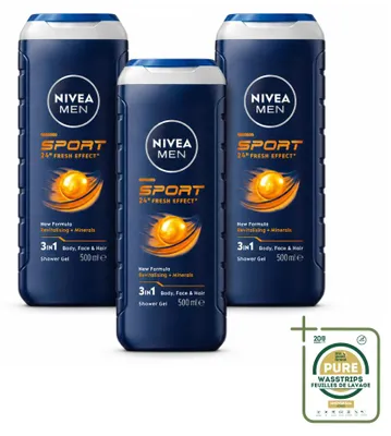 Obrázek produktu pro 3 x NIVEA MEN Sport sprchový gel 3 v 1 pro tělo, obličej a vlasy - 500 ml - balení s 3 kusy