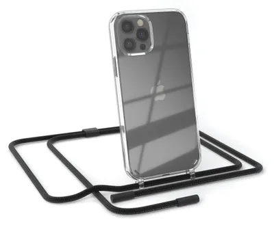 Produktbild von EAZY CASE Handykette für Apple iPhone 12 / 12 Pro, Clear Case aus Silikon, mit Umhängeband, abnehmbare Endstücke, Handyband in Schwarz