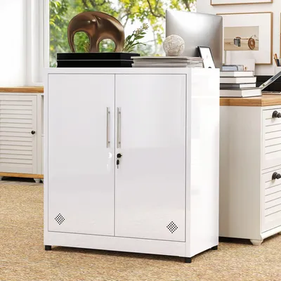 Produktbild von Aktenschrank mit 2 Türen & verstellbaren Böden, Aufbewahrungsschrank mit Schlüssel Organisationsschrank, 80 × 40 × 90 cm