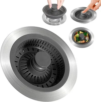 Produktbild von 3-in-1 Stop für Abfluss, Küchenabfluss, Pop-up-Abflussstop, Edelstahl, Abflussstop für Küchenabfluss, Abfluss für Gartenzwischenräume, Abfluss für 75-85 mm Gartenzwischenräume, Tiefe > 40 mm