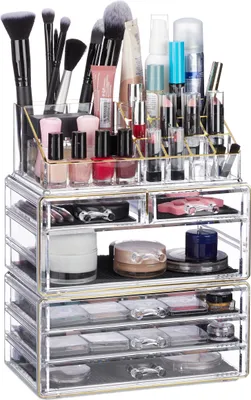 Obrázek produktu pro Relaxdays Kosmetický organizér se 6 zásuvkami, 22 přihrádkami, organizér na make-up, akrylátový, průhledný/zlatý