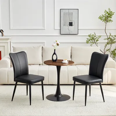 Image de Ensemble table et chaises, table d'appoint ronde de 60 cm / petite table à manger en MDF avec pied central noir + 2 chaises noires en PU