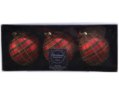 Produktbild von Weihnachtskugeln Glas Schottenkaro Muster 8cm weihnachtsrot, 3er Set