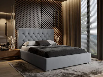 A bedroom scene with a bed, nightstand, and curtains.