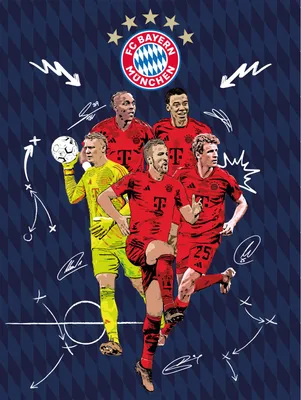Illustration of FC Bayern Munich players with tactical diagrams and team logo.