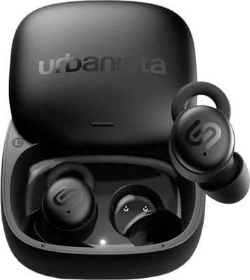 A pair of black wireless earbuds and their charging case.