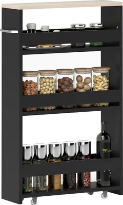 Image de Chariot de service étroit - Chariot de cuisine avec 3 étagères - Structure en bois sur roulettes - Pour cuisine, salle de bain, salon - 48x15x80 cm - Noir