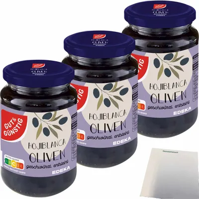 Produktbild von Gut & Günstig Hojiblanca Oliven geschwärzt entsteint 3er Pack (3x340g Glas) + usy Block
