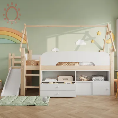Produktbild von MODFU Hochbett 90 x 200 Kinderbett mit Rutsche, Stauraum und Schubladen, Jugendbett mit Sicherheitsgeländer und Spielbereich, Hausbett mit Matratze,Natur+Weiß