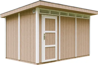 Imagen del producto de Casa de jardín de alta calidad, 8,7 m², con suelo y tejas de betún. Cobertizo para herramientas, dimensiones: 412 cm de ancho x 279 cm de largo x 239 cm de alto. Cabaña de jardín TIMBELA M904, color marrón tierra