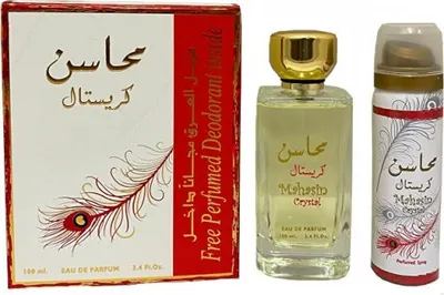 A box of perfume and a bottle of perfume are displayed next to a can of perfumed spray.