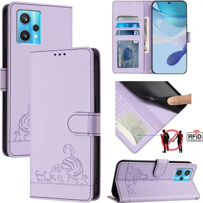 Produktbild von Leder Hülle für Realme 9 4G Süße Katze Flip Case Brieftasche Schutzhülle mit Standfunktion Lila