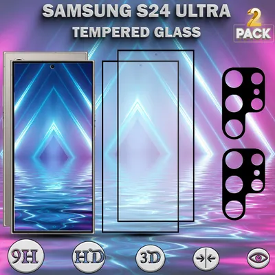 Obrázek produktu pro 2-balení Samsung S24 Ultra Ochranné sklo na displej & 2-balení ochrana objektivu - Tvrzené sklo 9H - Super kvalita 3D