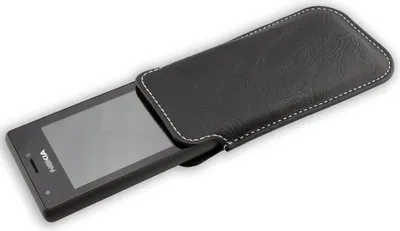 A black leather phone case with white stitching, partially enclosing a black Nokia smartphone.