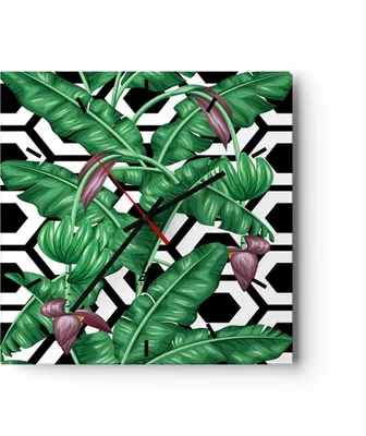 Produktbild von Wanduhr - Quadrat - Glasuhr - Blatt Pflanze Blume - 40x40cm - Schleichendes Uhrwerk - Lautlos - zum Aufhängen bereit - Dekoration Modern - Wanddekoration aus Glas - C3AC40x40-3798